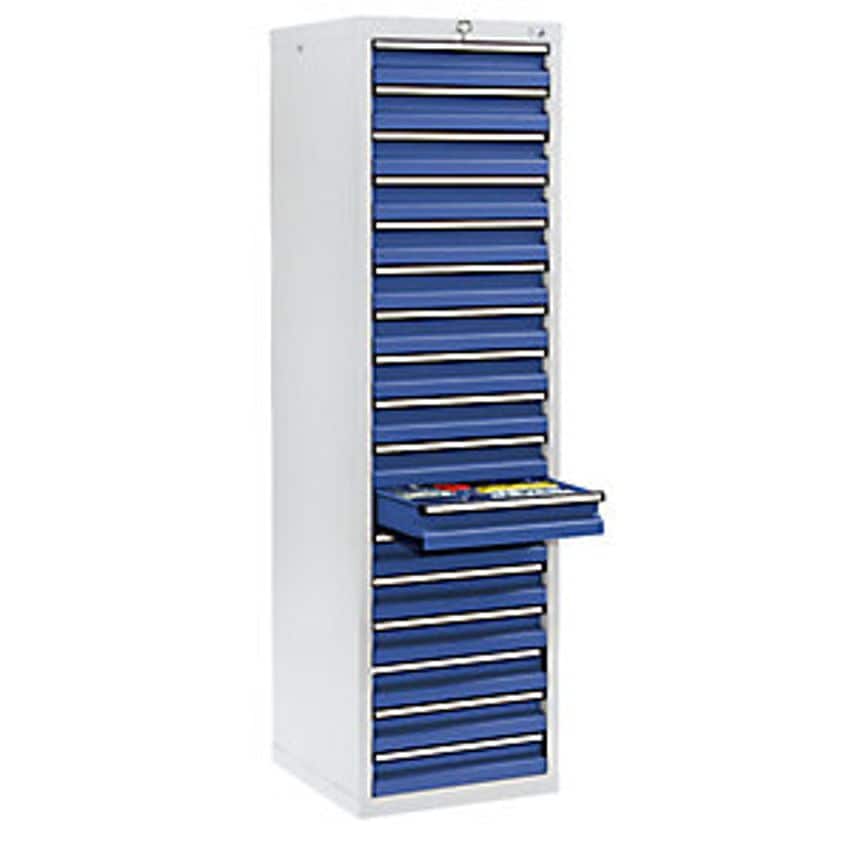 Drawer Cupboard - HxWxD 1800 X 500 X 500mm - 17 Drawers 100mm High, Grey Body, Gentian Blue Drawers