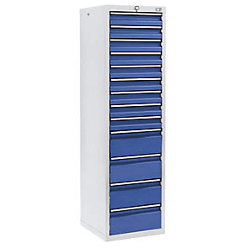 Drawer Cupboard - HxWxD 1800 X 500 X 500mm - 9 X 100mm Drawers, 4 X 200mm High Drawers, Grey Body, Gentian Blue Drawers