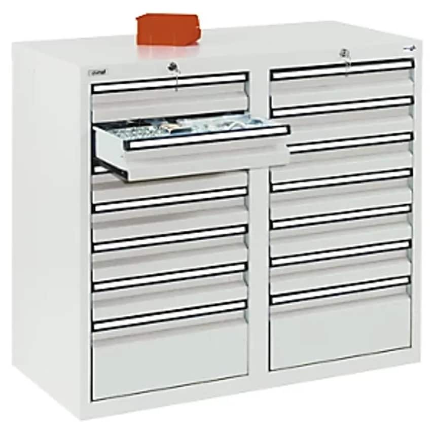 Drawer Cupboard - HxWxD 900 X 1000 X 500mm - 12 X 100mm High Drawers, 2 X 200mm High Drawers, Body And Drawers, Grey