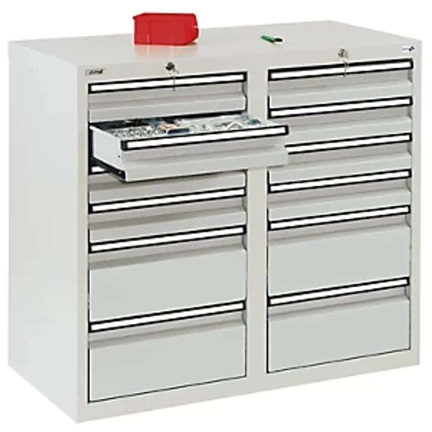 Drawer Cupboard - HxWxD 900 X 1000 X 500mm - 8 X 100mm Drawers, 4 X 200mm High Drawers, Grey Body And Drawers