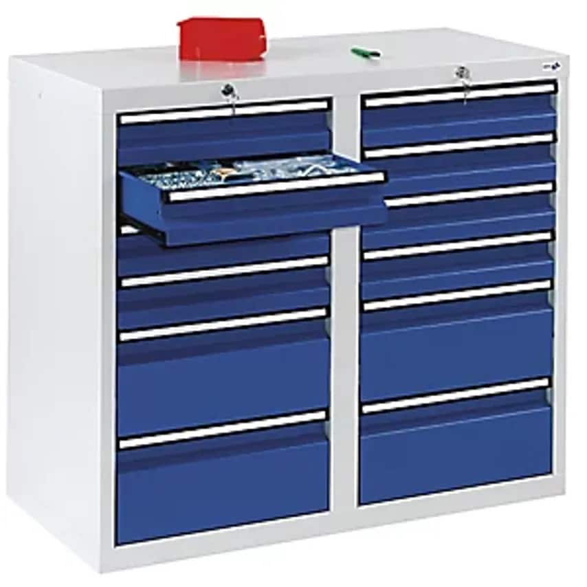 Drawer Cupboard - HxWxD 900 X 1000 X 500mm - 8 X 100mm Drawers, 4 X 200mm High Drawers, Grey Body, Gentian Blue Drawers