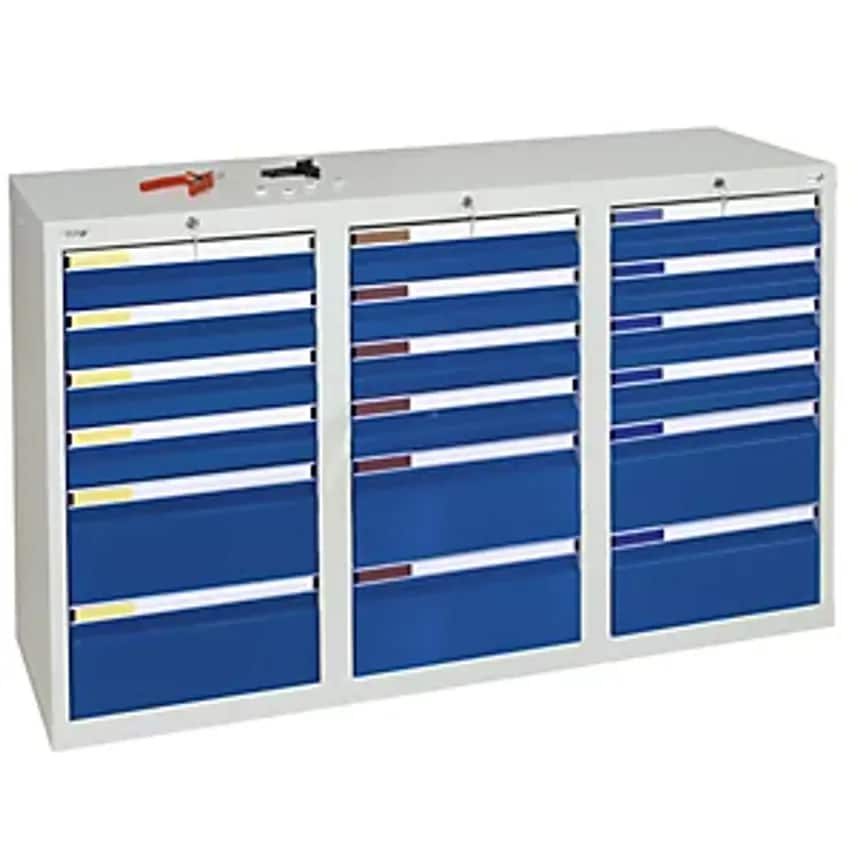 Drawer Cupboard - HxWxD 900 X 1500 X 500mm - 12 X 100mm Drawers, 6 X 200mm High Drawers, Grey Body, Gentian Blue Drawers