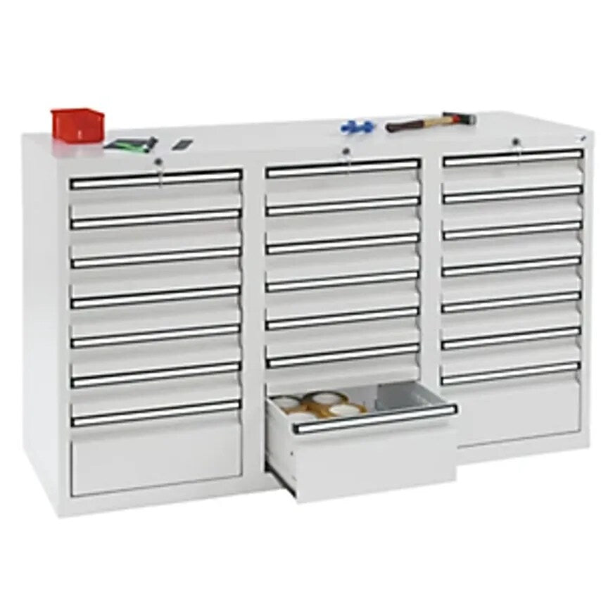 Drawer Cupboard - HxWxD 900 X 1500 X 500mm - 18 X 100mm Drawers, 3 X 200mm High Drawers, Grey Body And Drawers