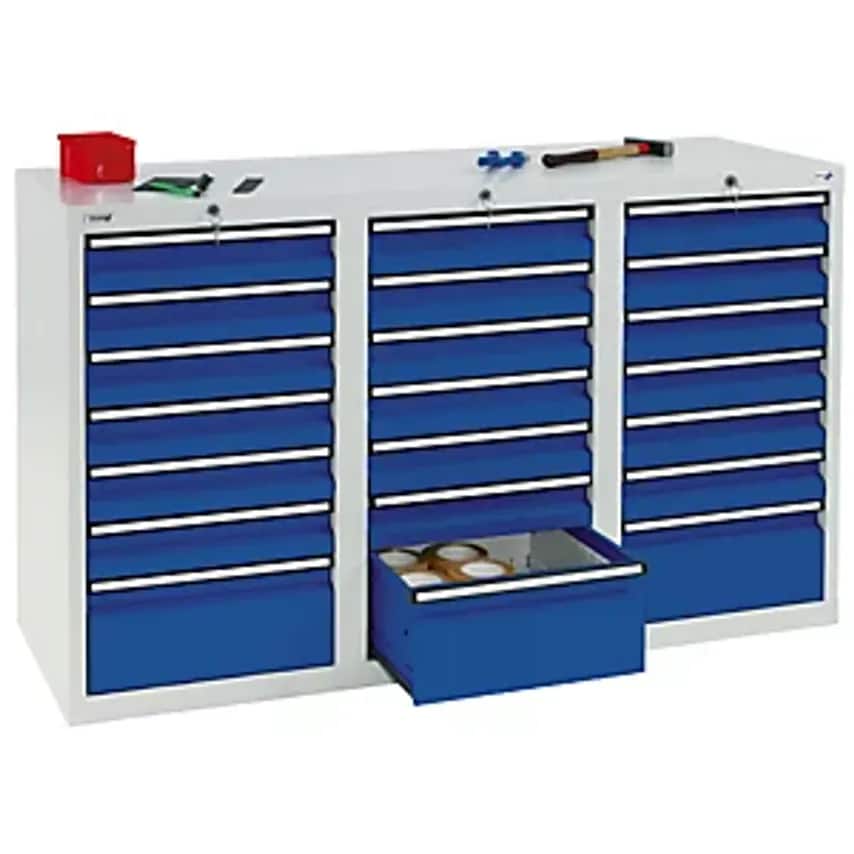 Drawer Cupboard - HxWxD 900 X 1500 X 500mm - 18 X 100mm Drawers, 3 X 200mm High Drawers, Grey Body, Gentian Blue Drawers