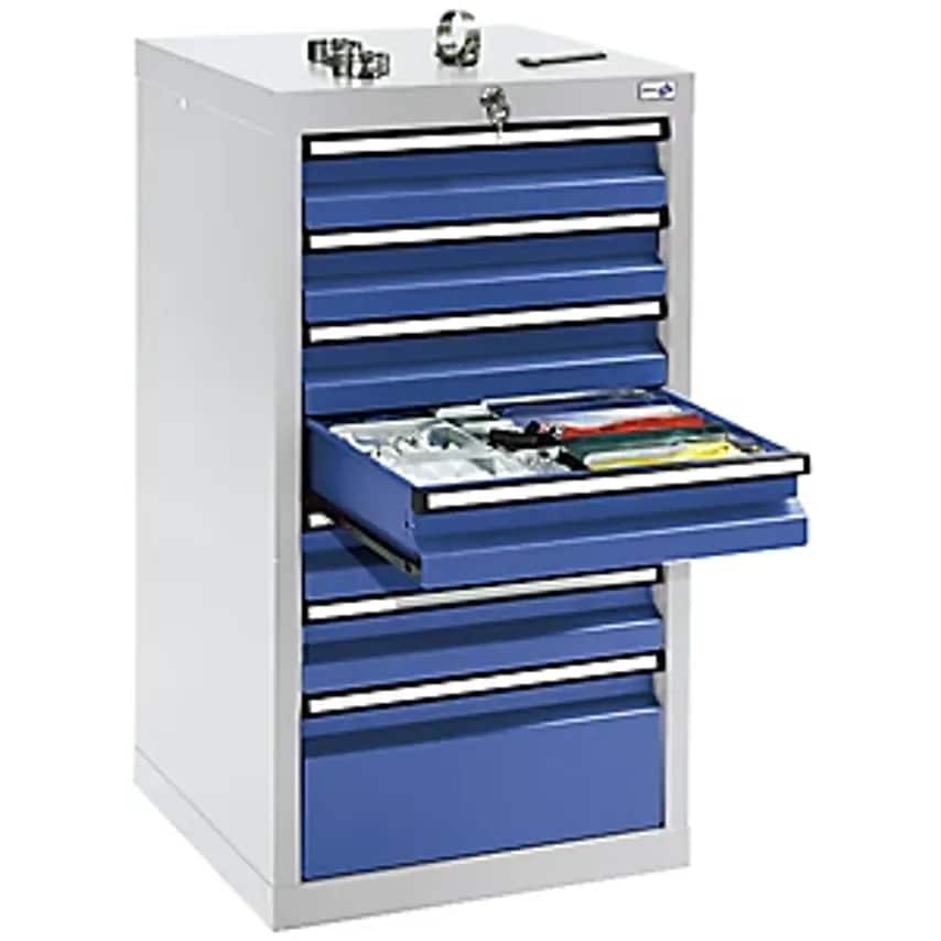 Drawer Cupboard - HxWxD 900 X 500 X 500mm - 6 X 100mm Drawers, 1 X 200mm High Drawer, Light Grey Body, Gentian Blue Drawers