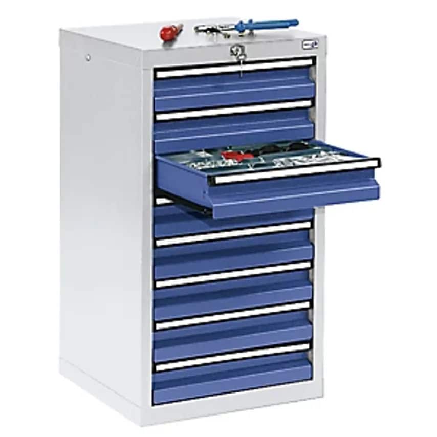 Drawer Cupboard - HxWxD 900 X 500 X 500mm - 8 X 100mm High Drawers, Light Grey Body, Gentian Blue Drawers