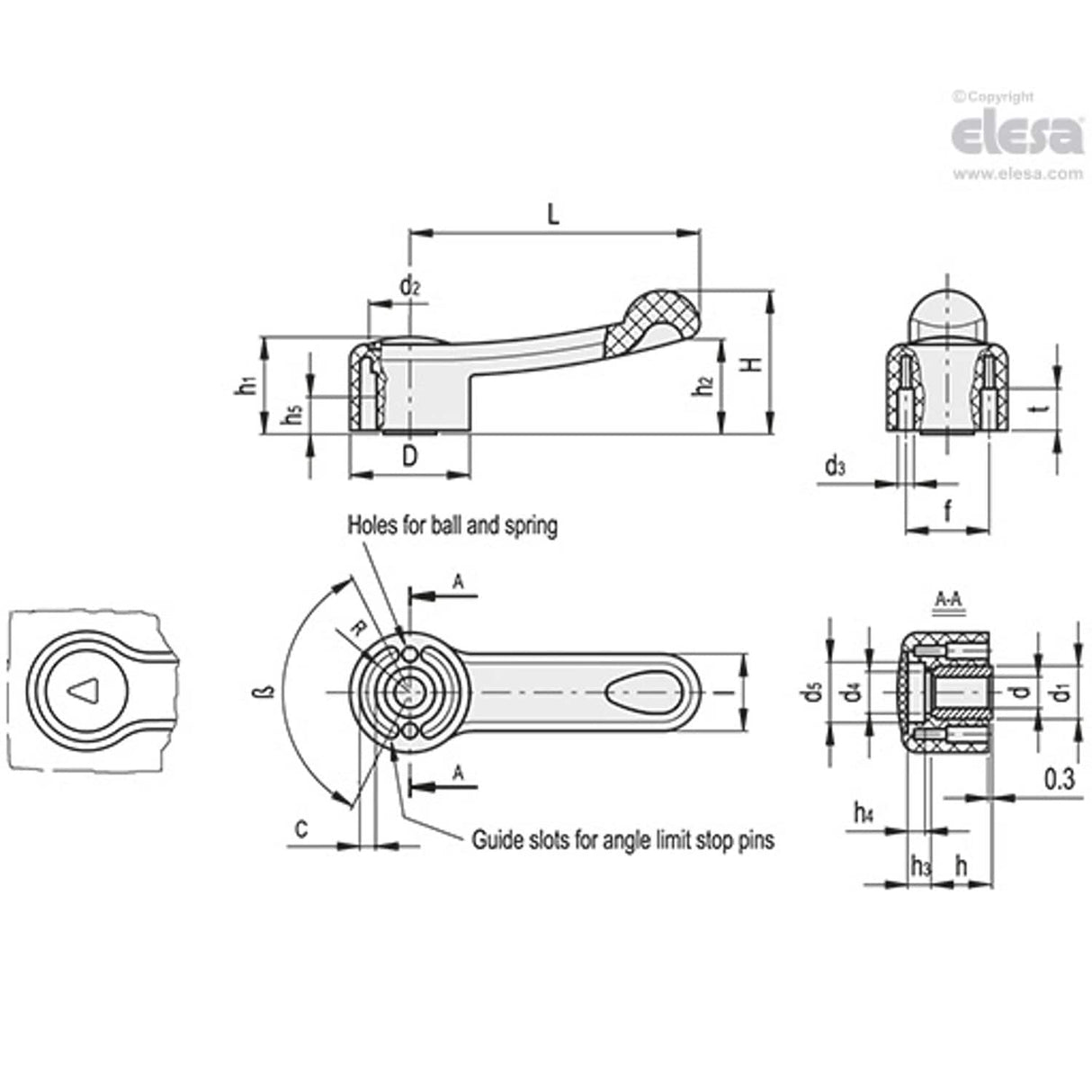 ELC Control levers arranged for clicking operation technopolymer Black-oxide steel boss cap in grey colour ELC.140 A-14-FC3