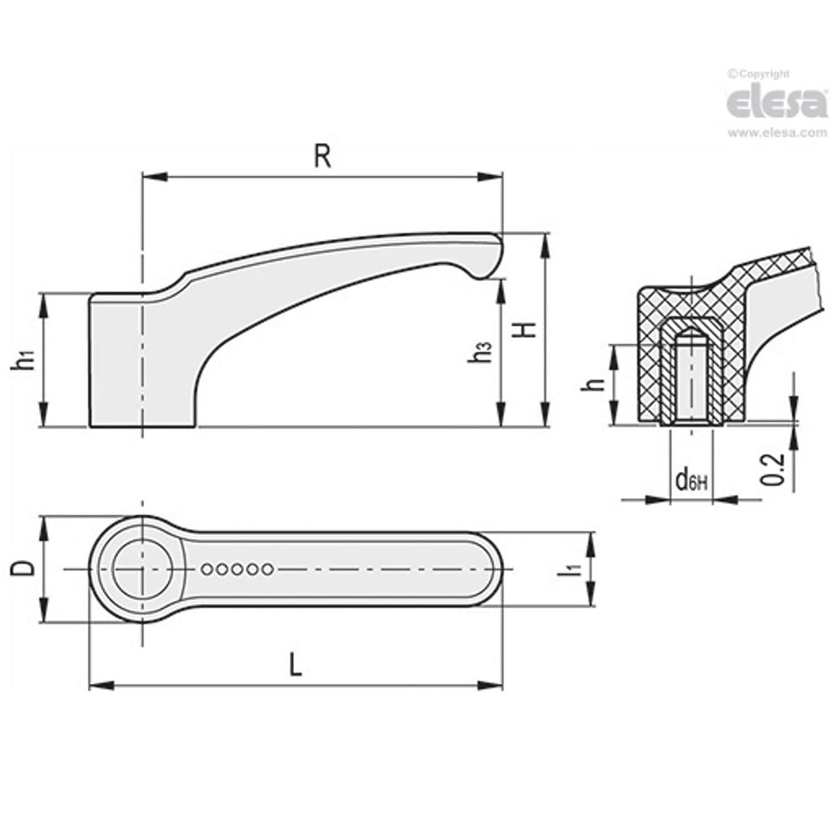 ERF Lever handles Technopolymer Brass boss threaded hole ERF.44 B-M6-C1
