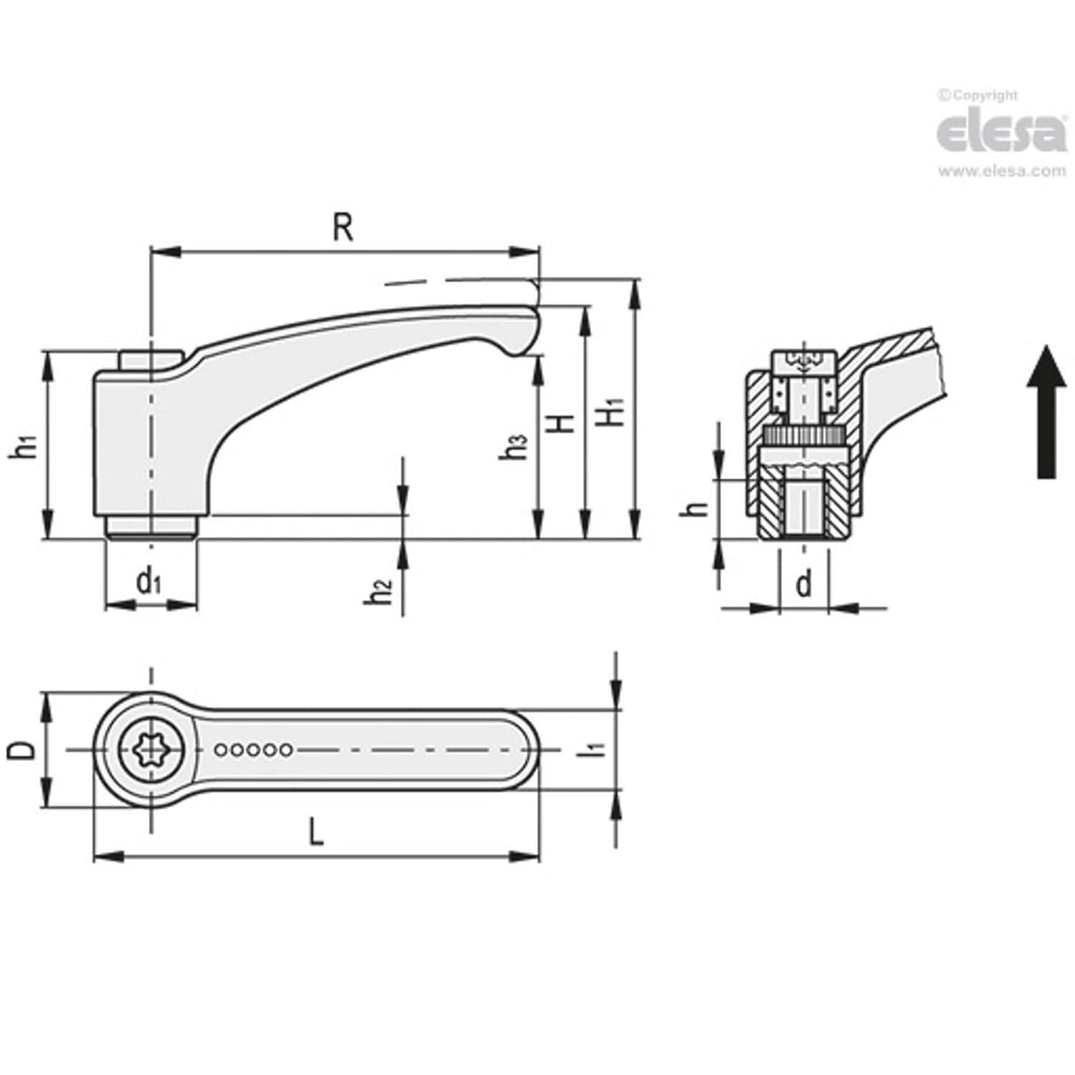 ERM Adjustable handles Zinc alloy steel or stainless steel clamping element Black-oxide steel clamping element threaded hole ERM.78 A-M8-C2