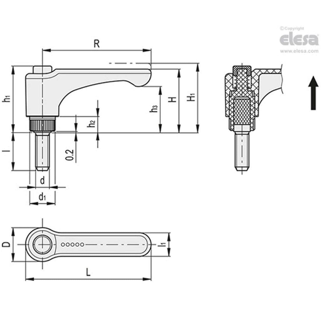 ERW Adjustable handles Flat lever technopolymer Zinc-plated steel threaded stud ERW.78-p-M8x50-C4