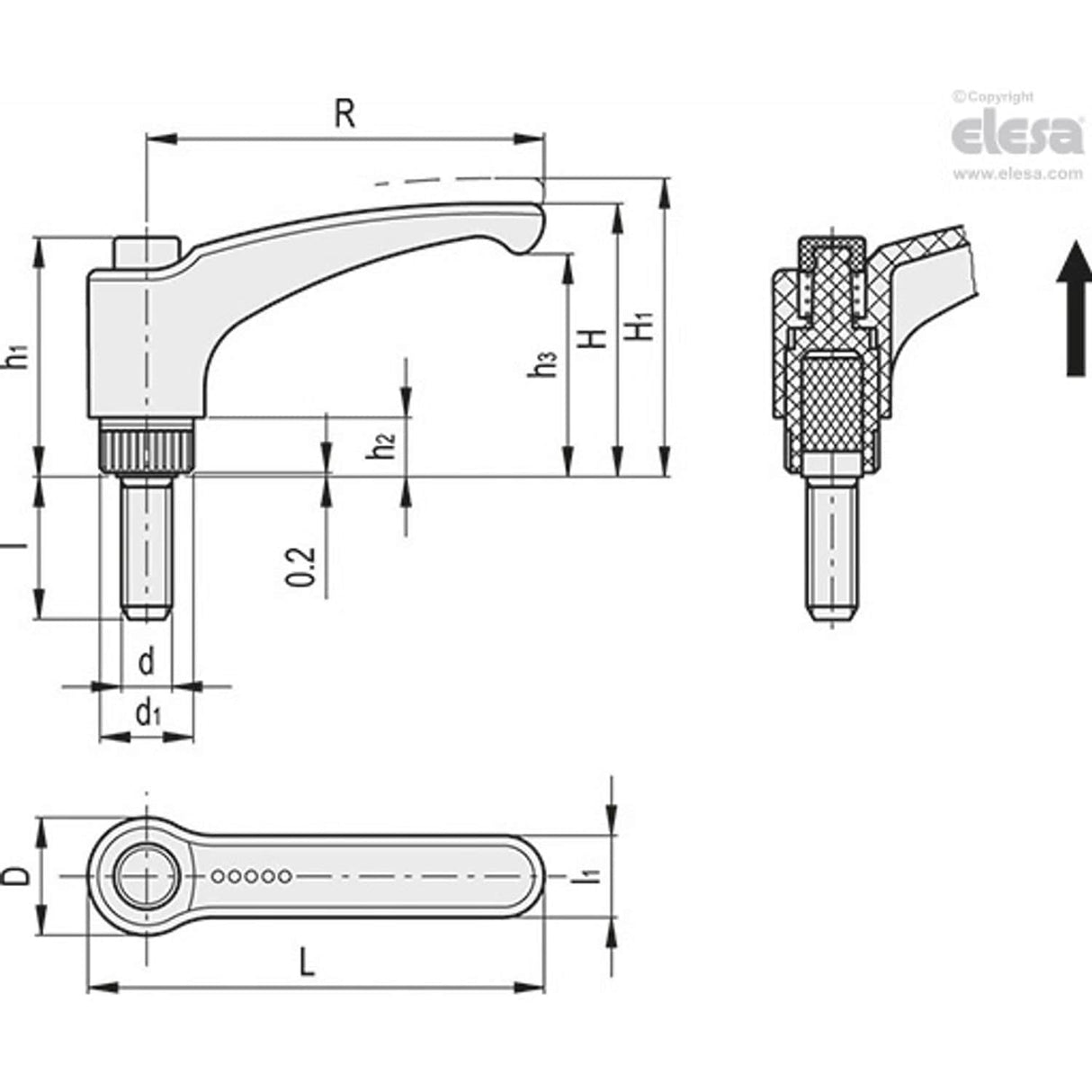 ERX Adjustable handles Technopolymer Zinc-plated steel threaded stud ERX.108 p-M16x70-C1
