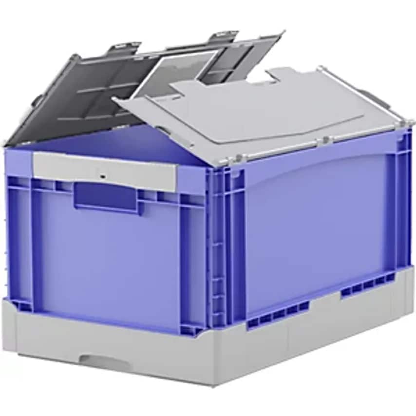 Eq Folding Box, with Grip Holes, Ribbed Base and Lid, LxWxH 600 X 400 X 332 mm, Blue