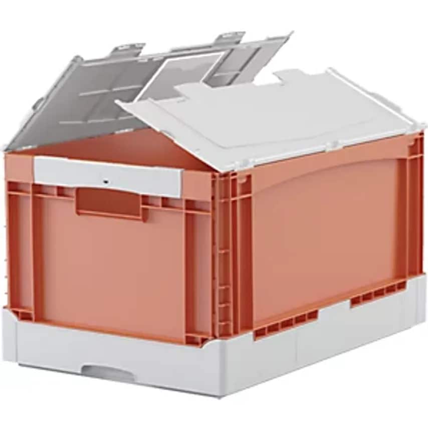 Eq Folding Box, with Grip Holes, Ribbed Base and Lid, LxWxH 600 X 400 X 332 mm, Orange