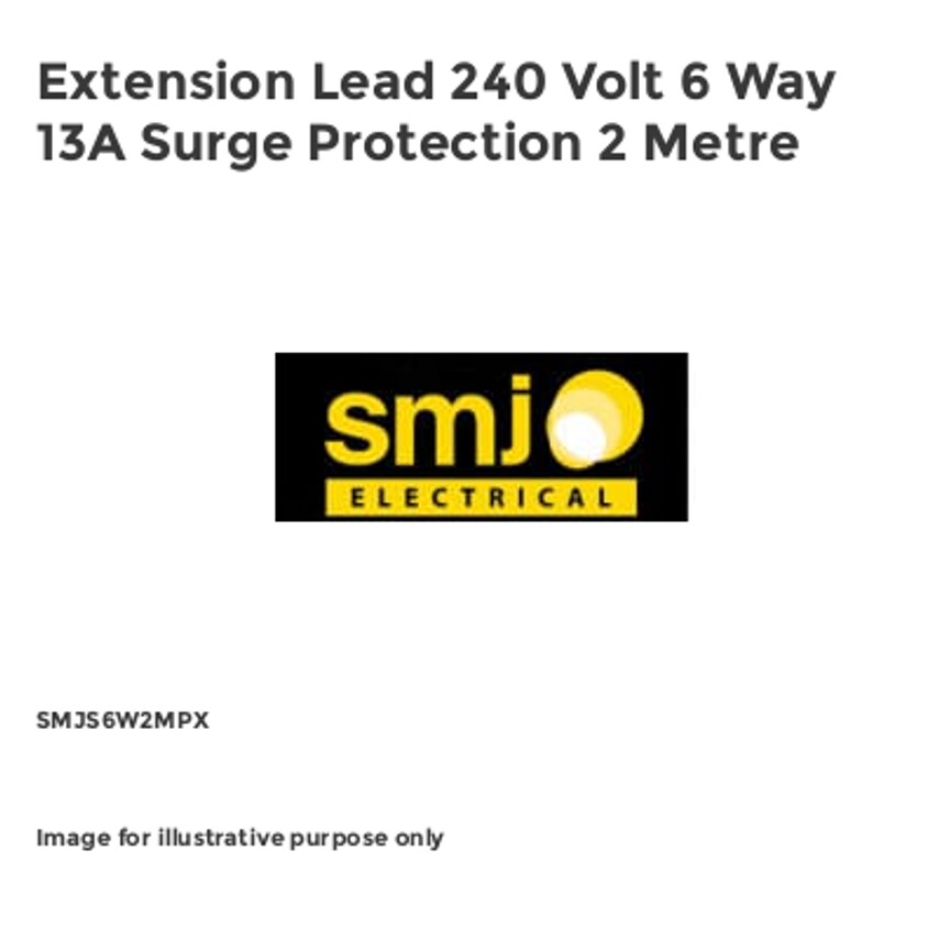 Extension Lead 240 Volt 6 Way 13A Surge Protection 2 Metre SMJS6W2MPX