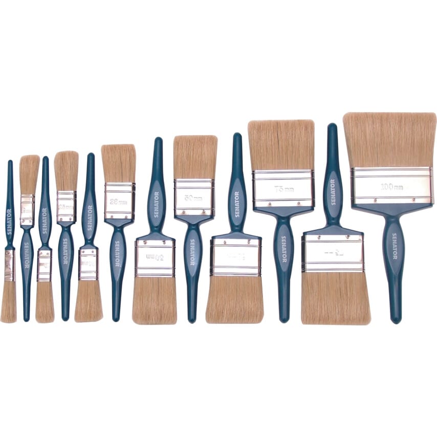 Flat Paint Brush Set, Natural Bristle, Set of 12