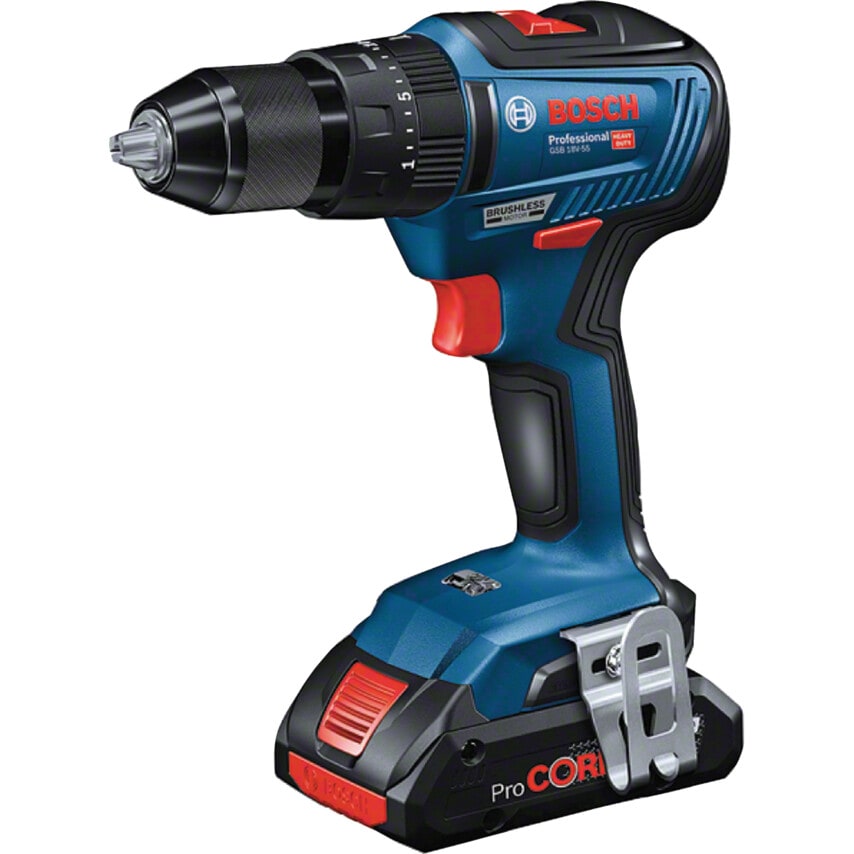 GSB 18V-55 Battery Operated 18V Cordless Drill, Brushless Motor, Lithium Ion Battery, 2X 4.0 AH Batteries, L-Boxx Toolbox, Quick Charger GAL 18V-40