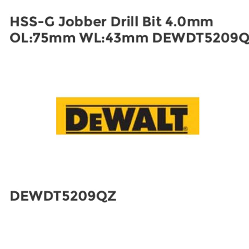 HSS-G Jobber Drill Bit 4.0mm OL75mm WL43mm DEWDT5209QZ