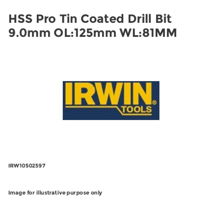 HSS Pro Tin Coated Drill Bit 9.0mm OL:125mm WL:81MM IRW10502597