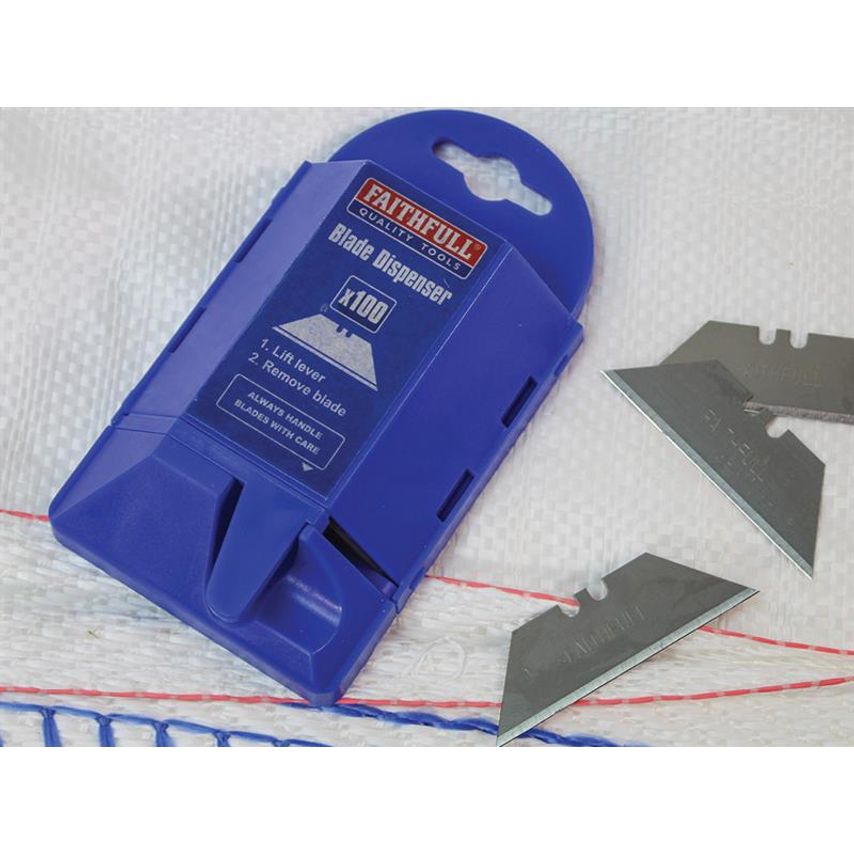 Heavy-Duty Trimming Knife Blades (Box 100) in safe storage dispenser FAITKB100