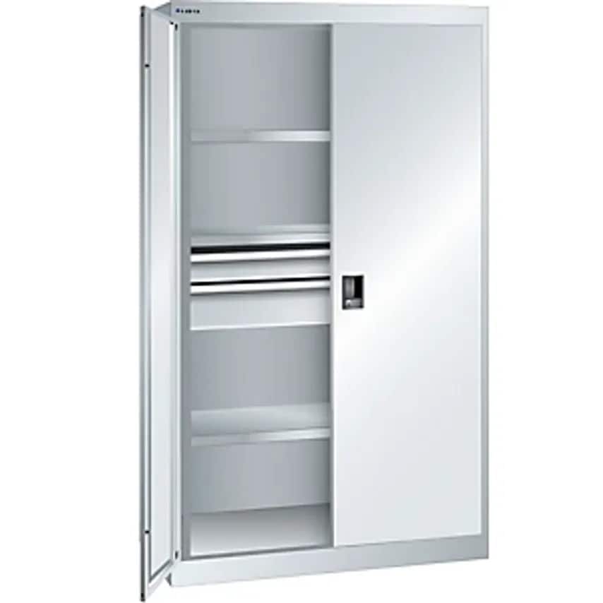 Heavy Duty Cupboard, 3 Shelves, 2 Drawers, Light Grey