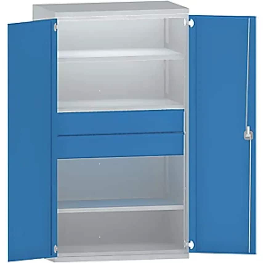 Heavy Duty Cupboard Steel, 3 Shelves, 2 X 180mm High Drawers, Light Grey/Light Blue