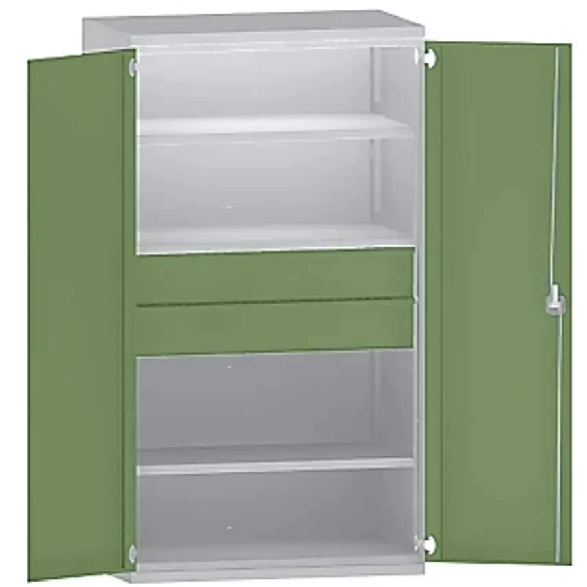 Heavy Duty Cupboard Steel, 3 Shelves, 2 X 180mm High Drawers, Light Grey/Reseda Green