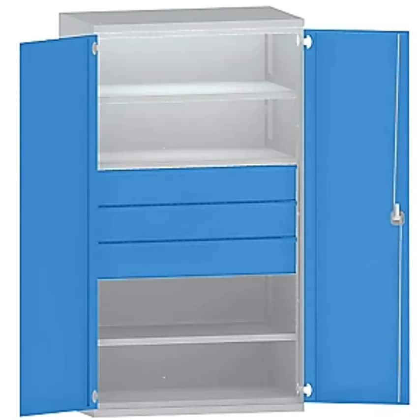 Heavy Duty Cupboard Steel, 3 Shelves, 3 X 180mm High Drawers, Light Grey/Light Blue