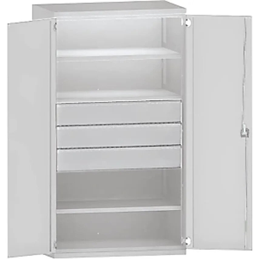 Heavy Duty Cupboard Steel, 3 Shelves, 3 X 180mm High Drawers, Light Grey/Light Grey