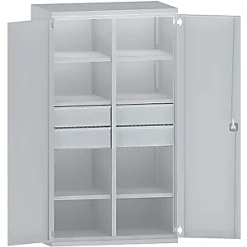 Heavy Duty Cupboard Steel, 6 Shelves, 4 X 180mm High Drawers, Light Grey/Light Grey