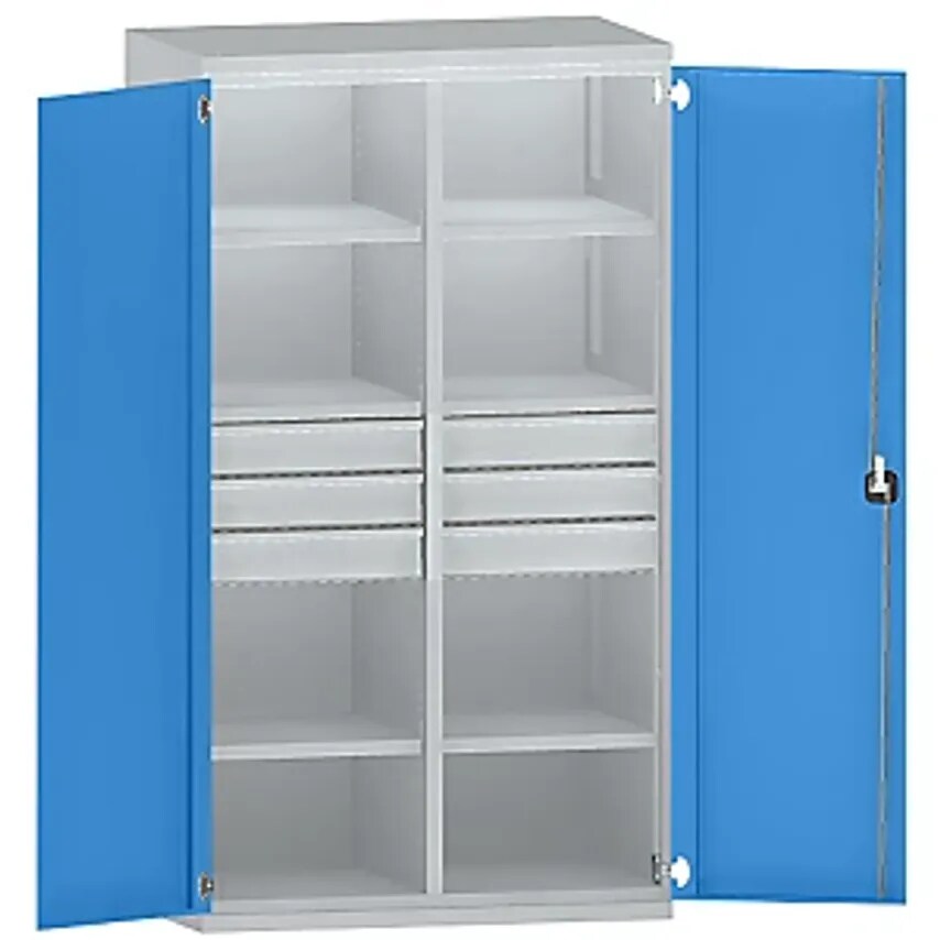 Heavy Duty Cupboard Steel, 6 Shelves, 6 X 120mm High Drawers, Light Grey/Light Blue
