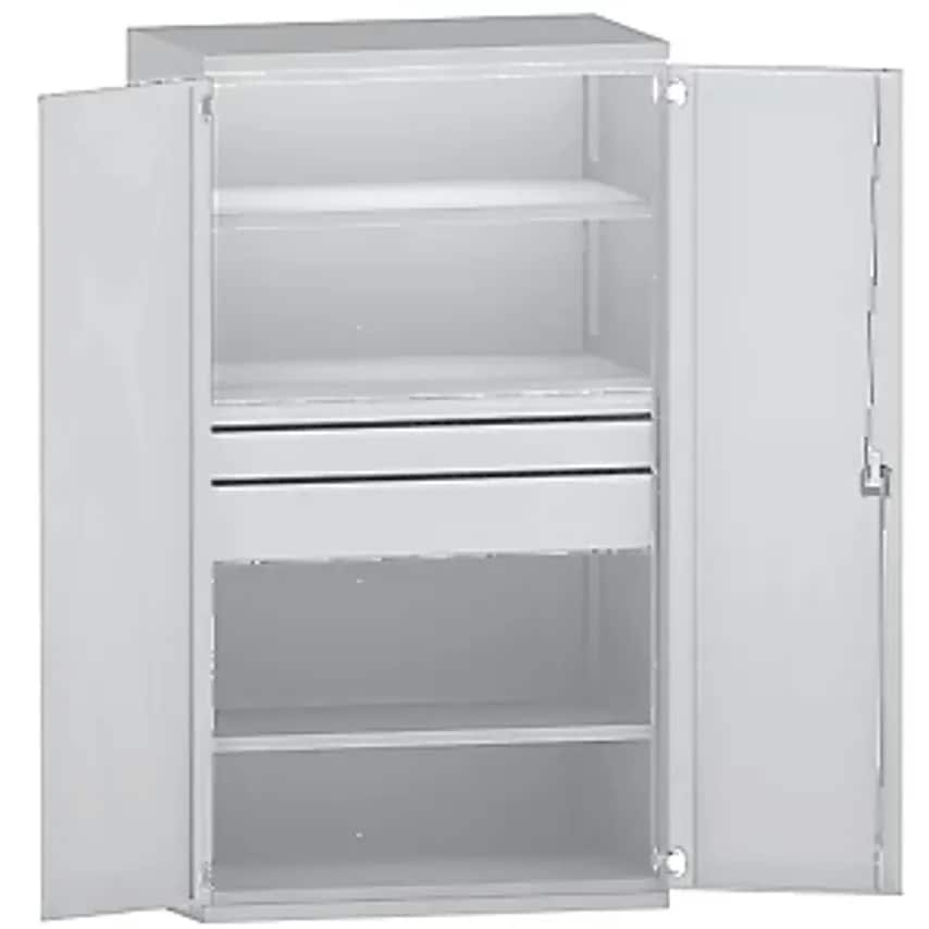 Heavy Duty Cupboard Steel - 3 Shelves - Drawers 1 X 60mm, 1 X 120mm, 1 X 180mm High, Light Grey/Light Grey