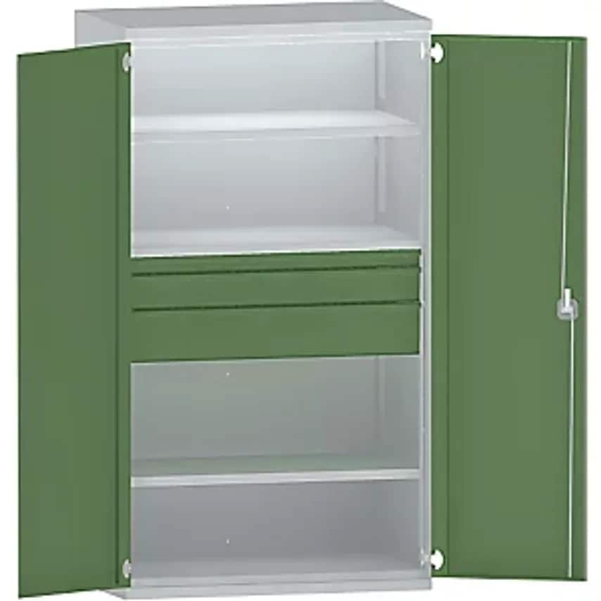 Heavy Duty Cupboard Steel - 3 Shelves - Drawers 1 X 60mm, 1 X 120mm, 1 X 180mm High, Light Grey/Reseda Green
