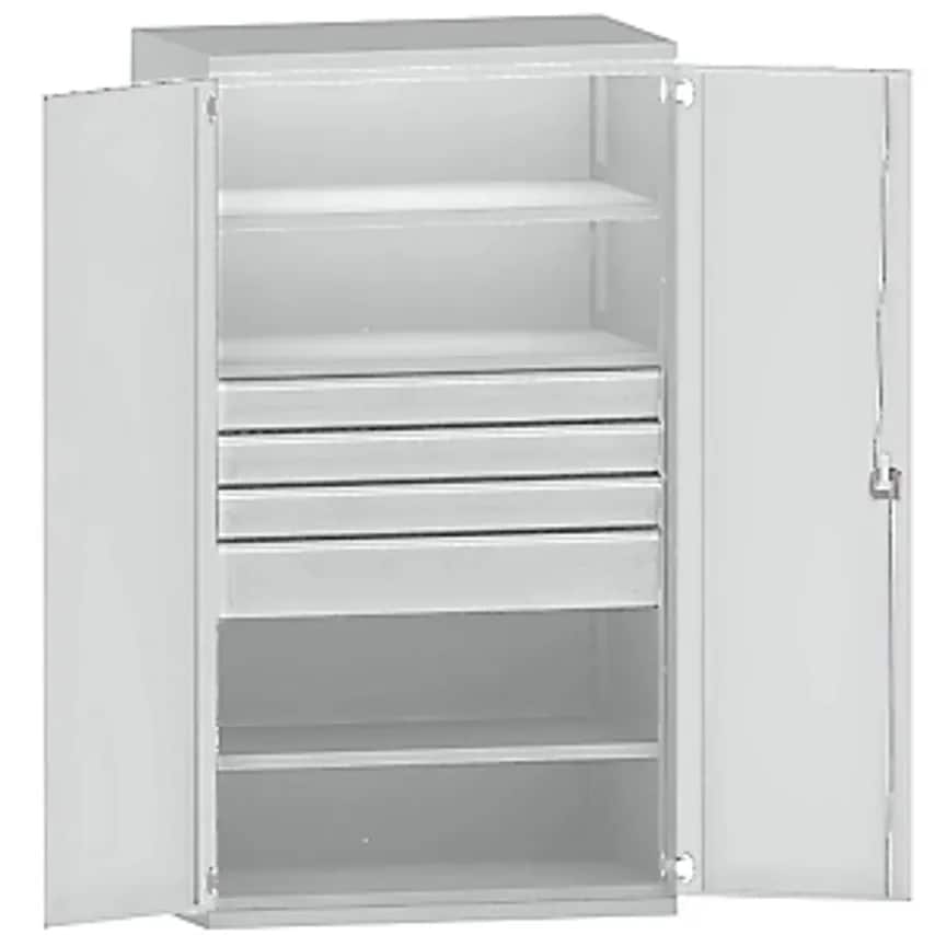 Heavy Duty Cupboard Steel - 3 Shelves - Drawers 3 X 120mm, 1 X 180mm High, Light Grey/Light Grey