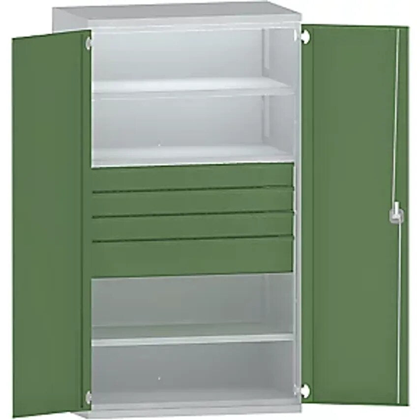 Heavy Duty Cupboard Steel - 3 Shelves - Drawers 3 X 120mm, 1 X 180mm High, Light Grey/Reseda Green