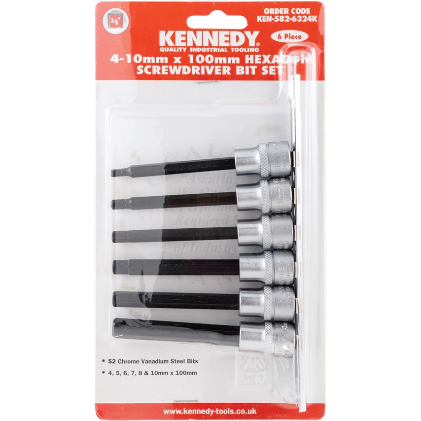 Hexagon Bit Set 3/8" Square Drive 4mm - 10mm x 100mm (6 Piece) Chrome Vanadium