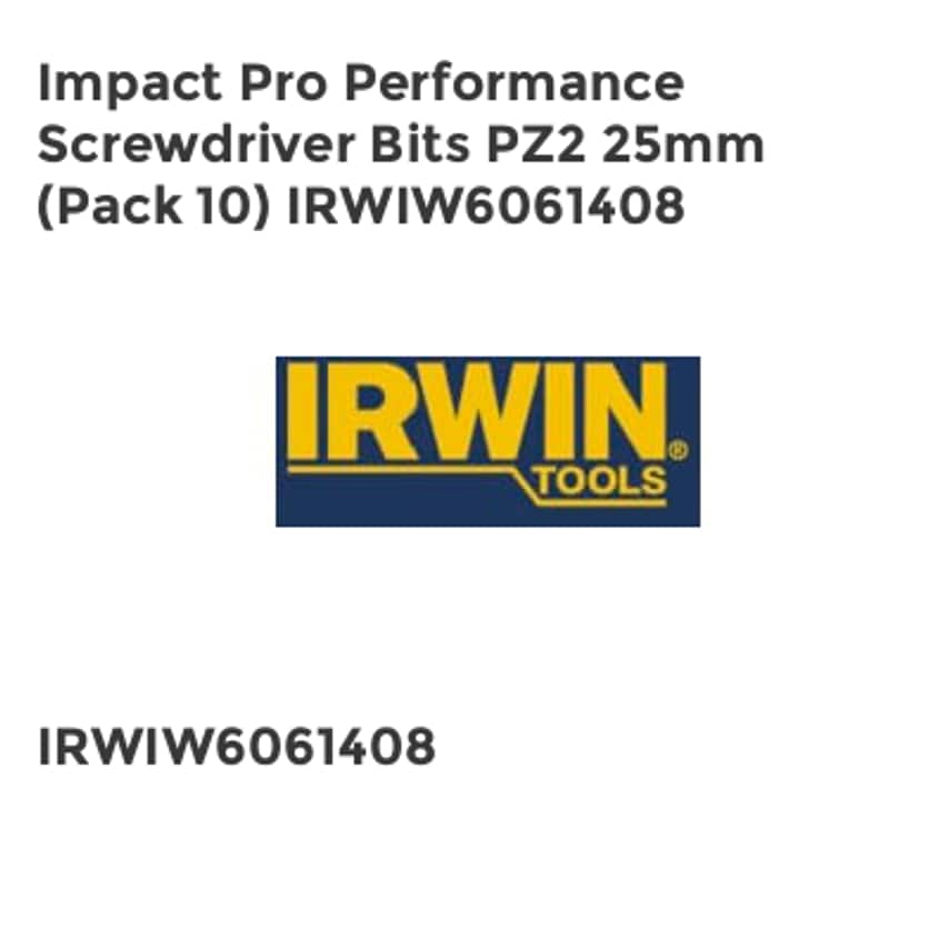 Impact Pro Performance Screwdriver Bits PZ2 25mm (Pack 10) IRWIW6061408