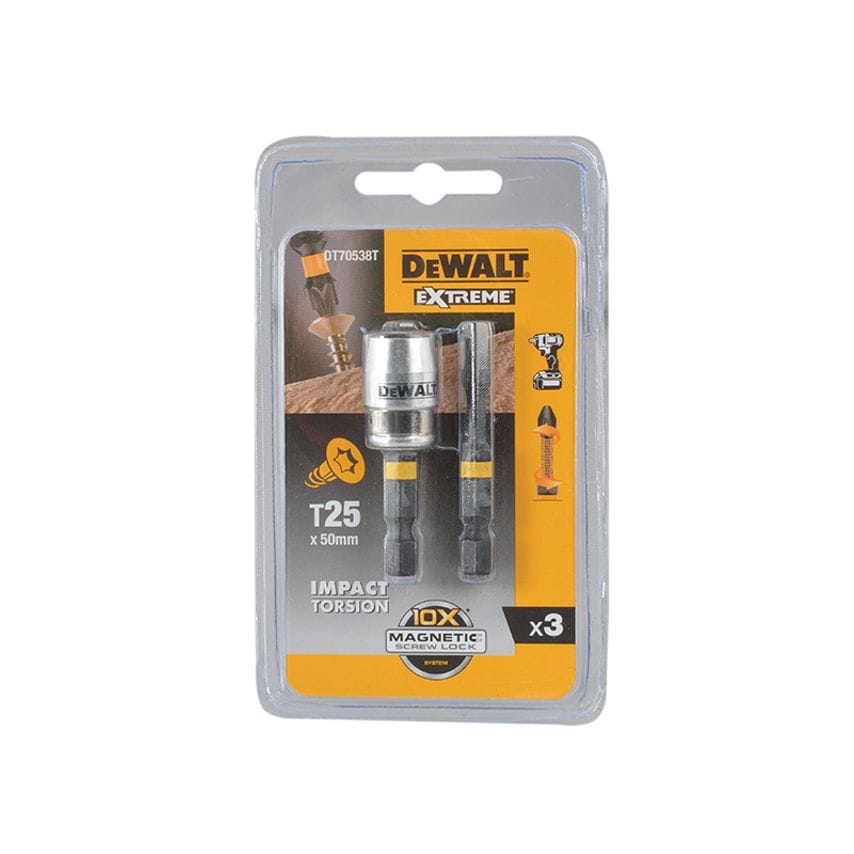 Impact Torsion Bits TX25 x 50mm (x2) and Magnetic Screwlock Sleeve DEWDT70538T
