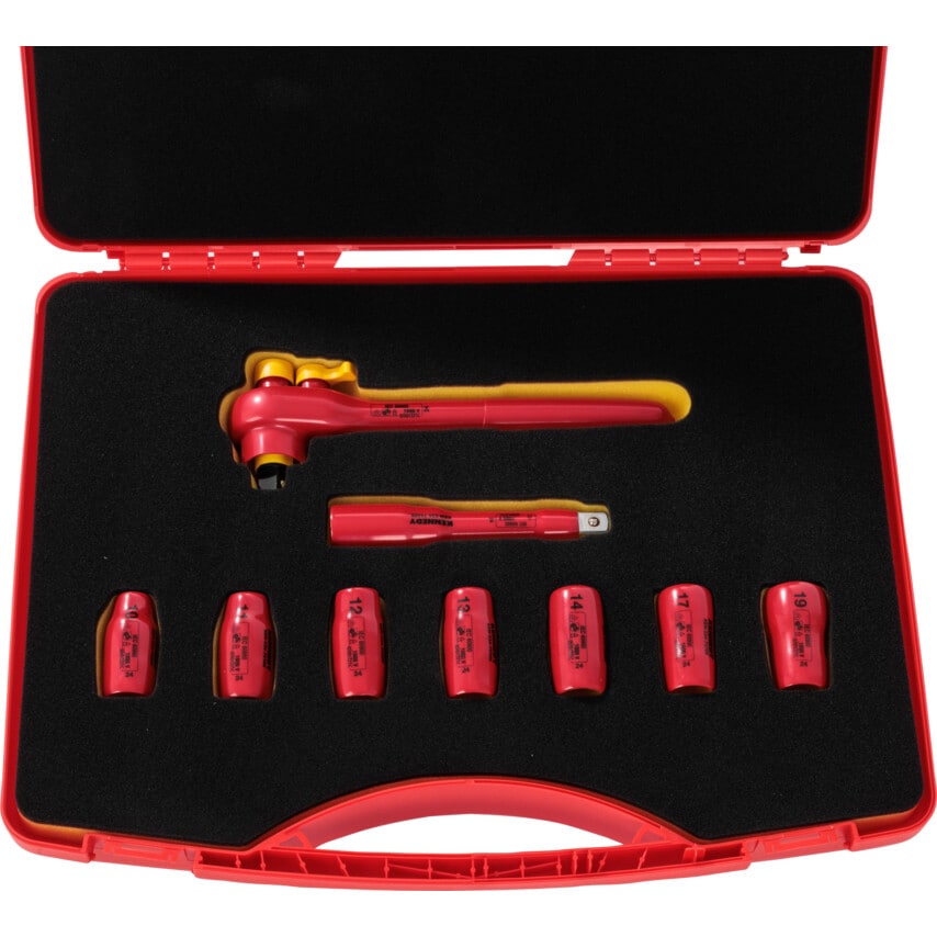 Insulated VDE Reversible Ratchet Safety Tool Set 1/2" Sq/Dr 9-PCS