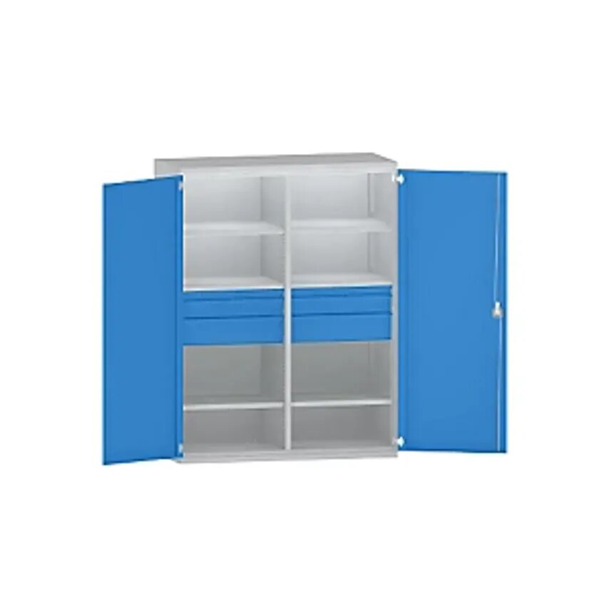 JUMBO Heavy Duty Cupboard Sheet Steel - 6 Shelves - Drawers 2 X 60mm, 2 X 120mm, 2 X 180mm High, Light Grey/Light Blue