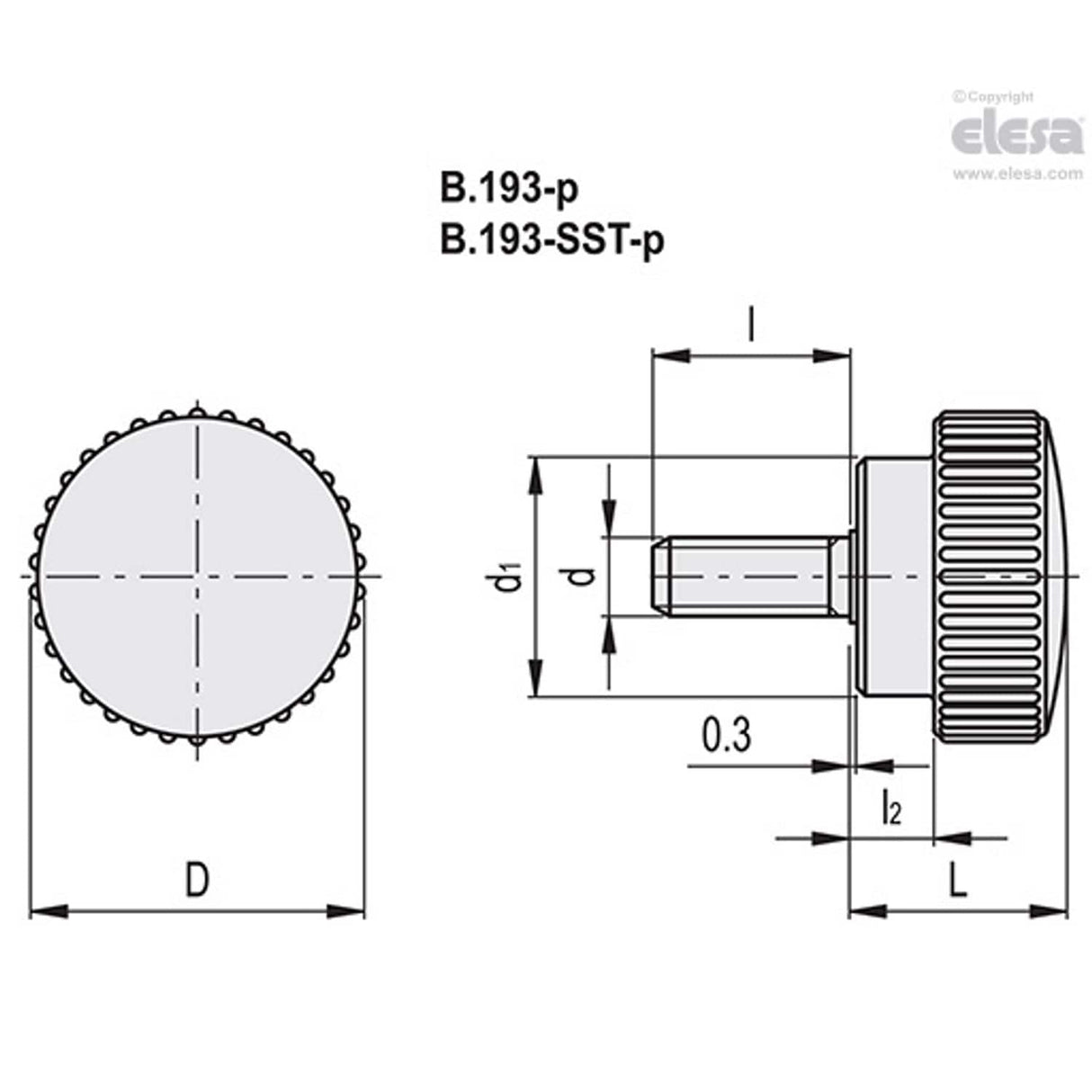 Knurled grip knob-B.193/15-SST-p-M3x16
