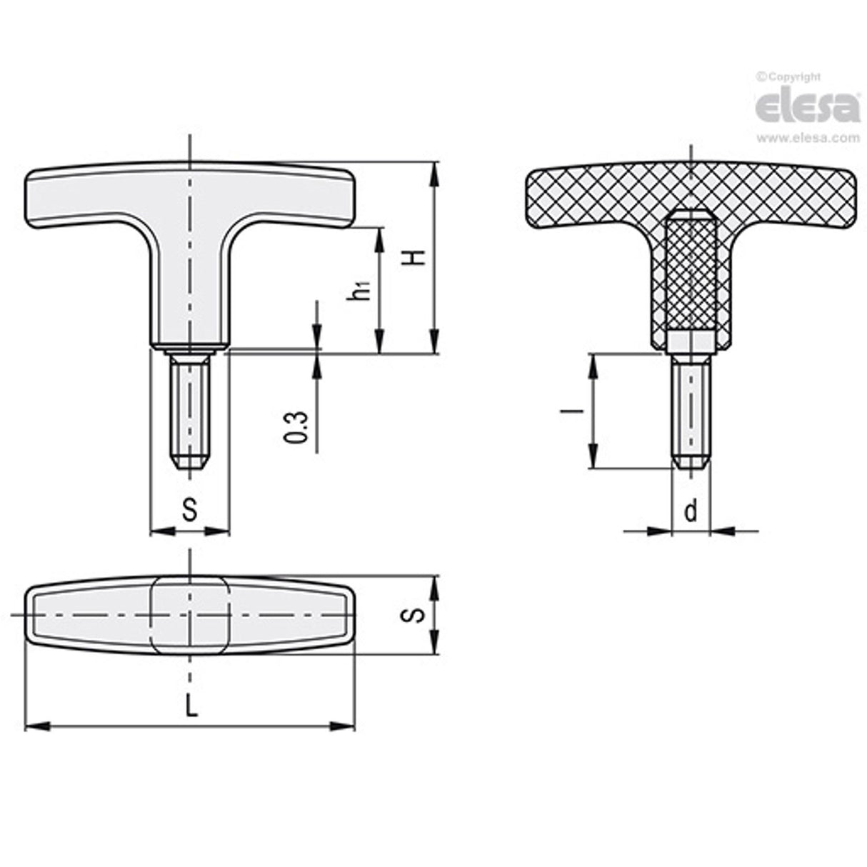 L652 T-Handles Technopolymer Threaded stud L.652/40 p-M6x20-C9
