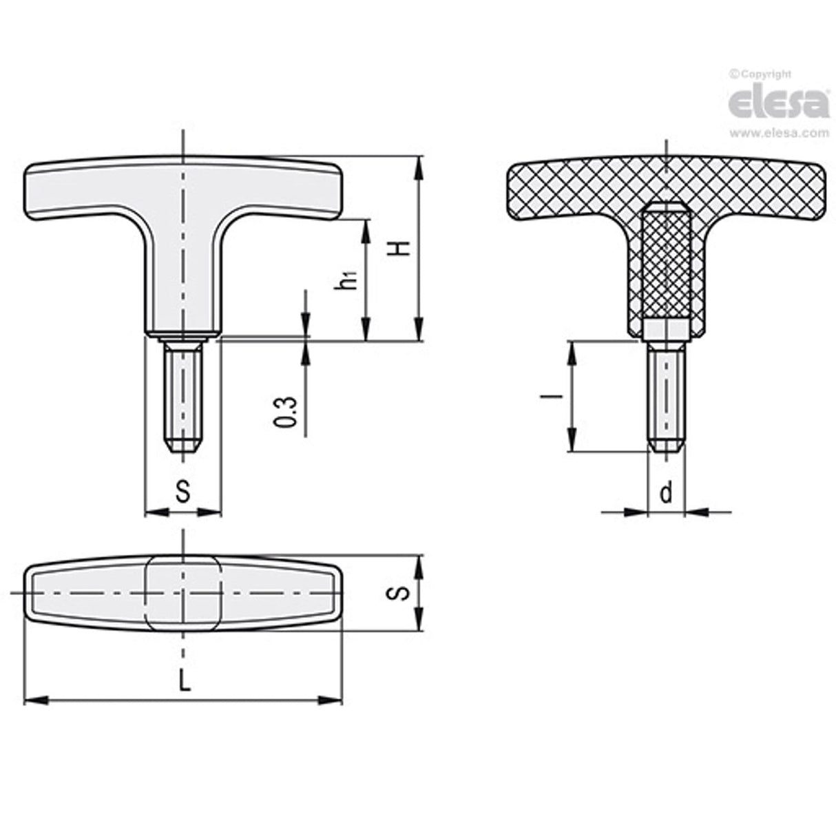 L652 T-Handles Technopolymer Threaded stud L.652/40 p-M6x25-C9