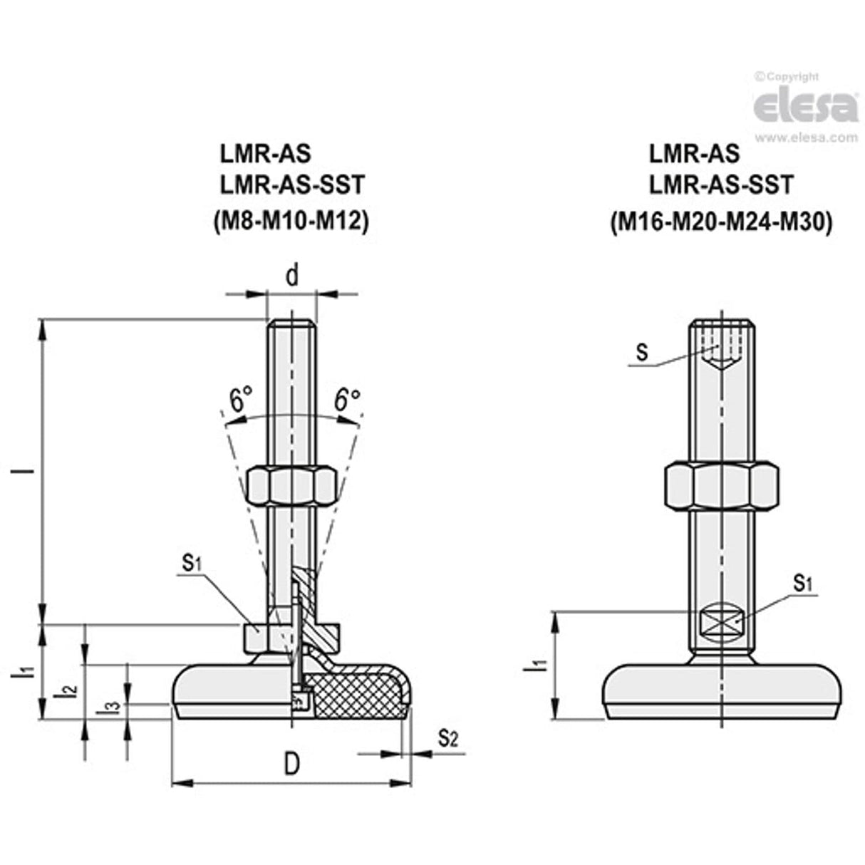 LMR Levelling feet Steel or stainless steel base and stem Threaded stem LMR-50-AS-M12x100