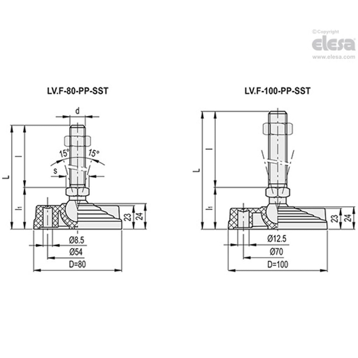 Levelling feet, ground mounting-LV.F-80-PP-24-SST-M16x58