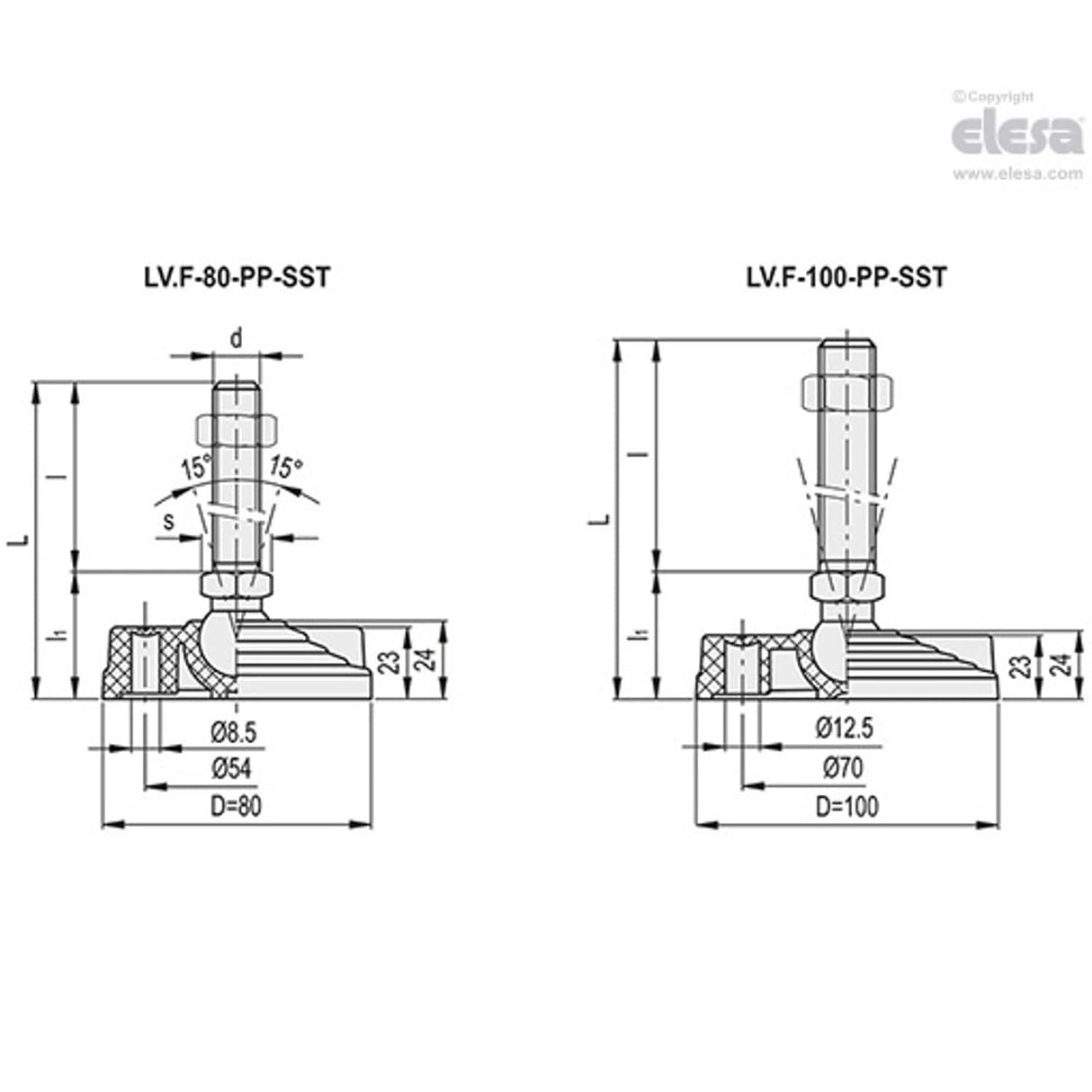 Levelling feet, ground mounting-LV.F-80-PP-24-SST-M24x158