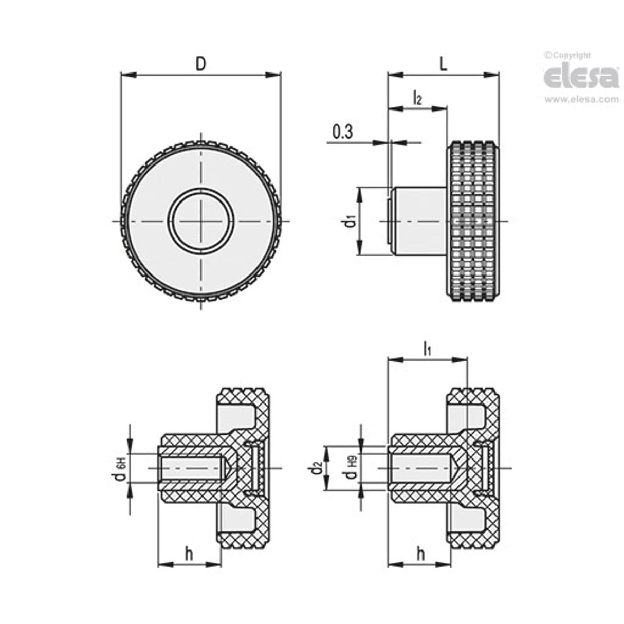 MBT Diamond cut knurled knobs Technopolymer Brass boss plain or threaded blind hole MBT.60 B-M10-C6