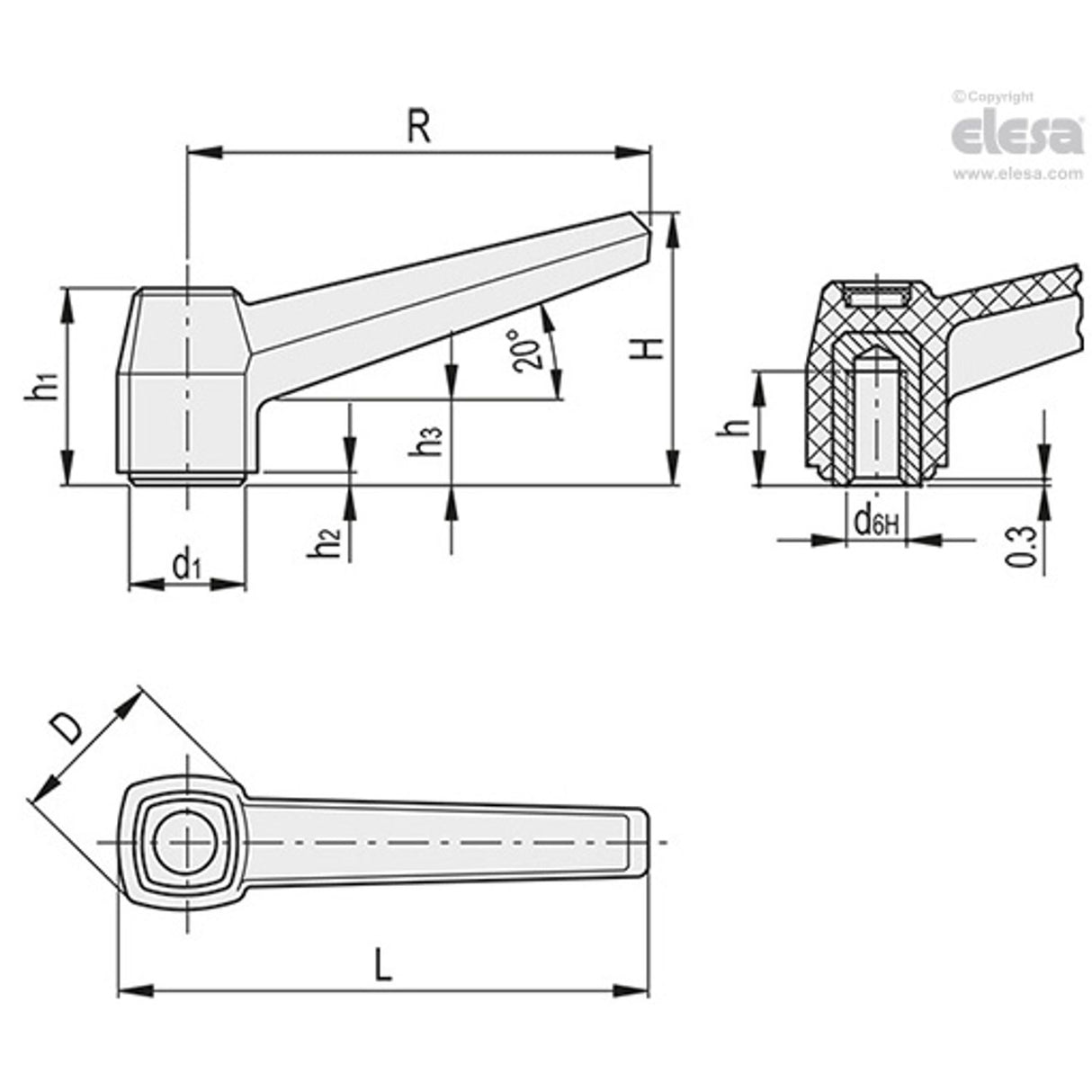 MF Lever handles Technopolymer Brass boss threaded hole MF.63 B-M8-C3