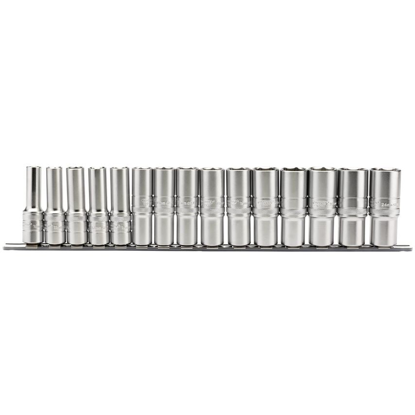 Metric Deep Socket on A Metal Rail 1/2in Square Drive (15 Piece)