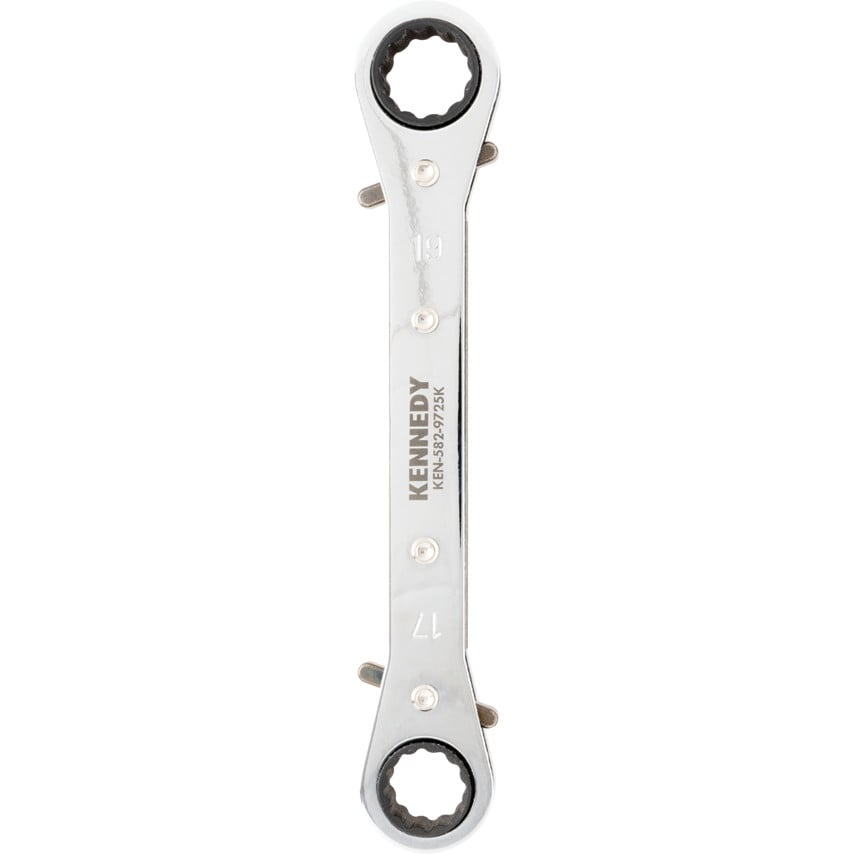 Metric Double End Ring Ratchet Spanner, Chrome Vanadium Steel, Reversible, 17mm x 19mm