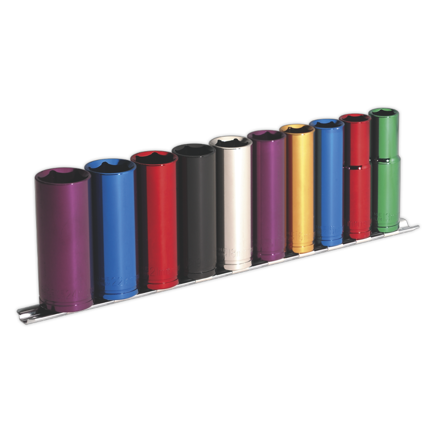 Multi-coloured Socket Set10 Piece 1/2" Square Drive 6PT Deep WallDrive Metric